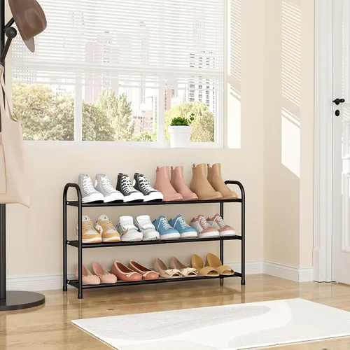 Vista 7 de Zapatero expandible para armario, zapatero de metal de 18 a 32 pulgadas para entrada, 3 niveles de ancho ajustable, estante de zapatos de pie Negro