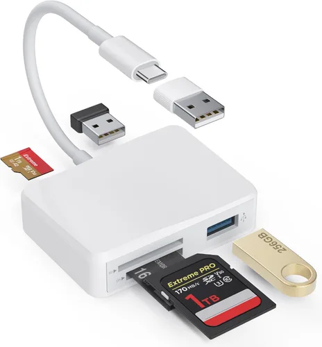 Vista 11 de Lector de tarjetas SD, adaptador de tarjeta USB-C y USB 5 en 1 con SD/MicroSD/MS y puertos USB-A duales, lector de tarjetas de memoria para iPhone
