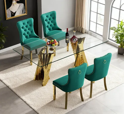 Vista 57 de Juego de mesa de comedor de cristal dorado de 5 piezas, 70 pulgadas, rectangular, moderna, para cocina y comedor, juego para 4, mesa de comedor