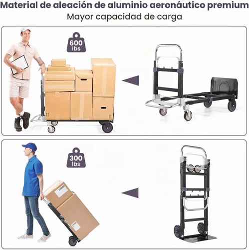 Vista 4 de Camión de mano plegable 3 en 1, carrito convertible de 4 a 2 ruedas de 600