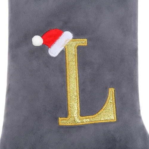 Vista 2 de Calcetines de Navidad bordados con letras de 20 pulgadas, terciopelo gris grueso con puño de felpa súper suave, decoración de festivales