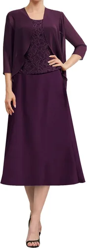 Vista 3 de Vestidos de madre de la novia para boda, vestidos de noche formales de encaje de gasa, vestidos de noche hasta el té, vestidos de abuela con chaqueta
