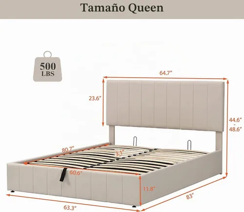 Vista 2 de Harper & Bright Designs Cama de plataforma tapizada tamaño Queen con cabecero con respaldo de alas y soporte de listones de madera, color beige