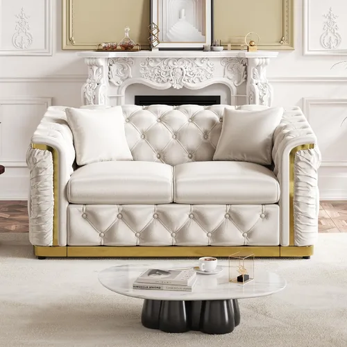 Vista 9 de Sofá de dos plazas Chesterfield de terciopelo de 62.2 pulgadas, sofá de lujo blanco y dorado, beige Gris