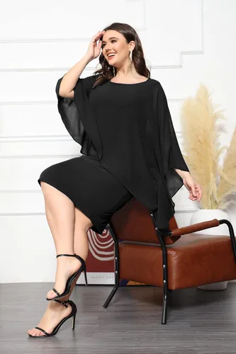 Vista 7 de KIMCURVY Vestido de capa de talla grande para mujer, vestido de tubo con superposición de gasa, vestido midi para boda, cóctel, fiesta