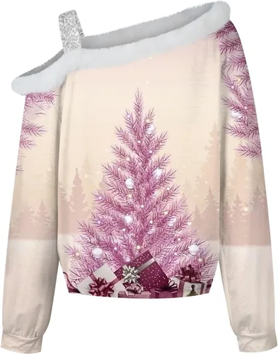 Vista 2 de GIANTHONG Sudaderas de Navidad para mujer, con hombros descubiertos, camisas de manga larga, cuello de piel, ropa de otoño e invierno