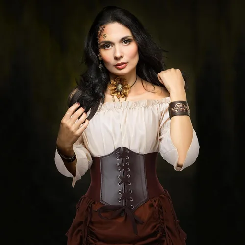 Vista 5 de Suhine Disfraz de pirata renacentista para mujer, traje victoriano medieval de 3 piezas, falda alta y baja, blusa con corsé vikingo