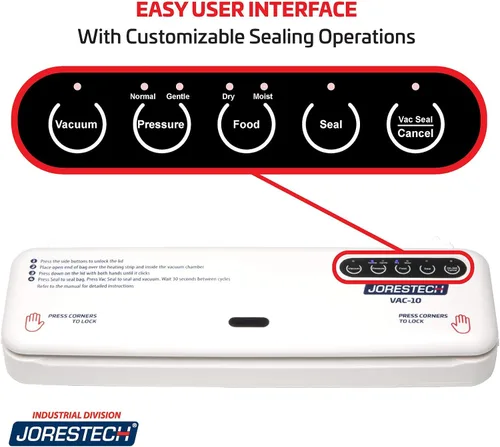 Vista 5 de JORESTECH Máquina selladora al vacío de mesa, embalaje automático de alimentos, características secas y húmedas con cortador integrado (E-Vac-10)
