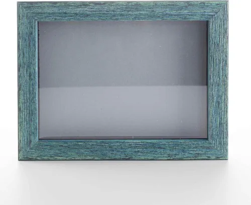 Vista 2 de Cuadro de madera con marco de madera de 4 x 4 color azul rústico con respaldo gris sin ácidos, acrílico UV y accesorios para colgar+506:533