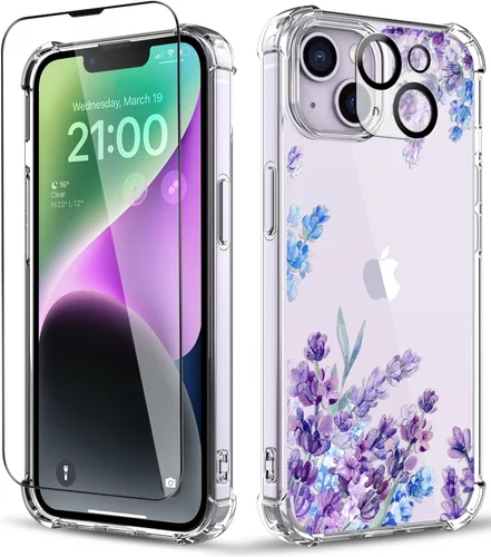 Vista 17 de Funda para iPhone 14, [3 en 1] con protector de pantalla y protector de lente de cámara, diseño de patrón de flores, transparente, suave, a prueba