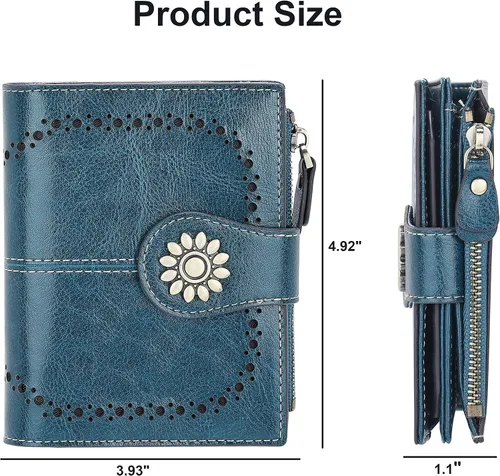 Vista 6 de Lavemi Cartera de cuero para mujer pequeña compacta con bloqueo RFID con bolsillo con cremallera