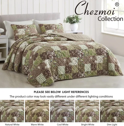 Vista 7 de Chezmoi Collection Leilani - Juego de edredón de algodón lavado bohemio de 3 piezas, tamaño Queen, ropa de cama acolchada bohemia marrón, gris topo