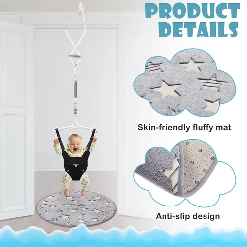 Vista 4 de Baby Jumper, Baby Jumper Doorway with Adjustable Strap, Easy to Assemble, with a Soft Rug (Grey) (Black)