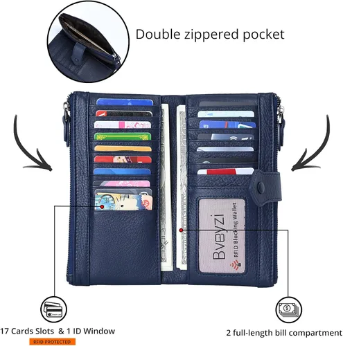 Vista 2 de Bveyzi Carteras delgadas de cuero suave para mujer, con bloqueo RFID, doble bolsillo con cremallera