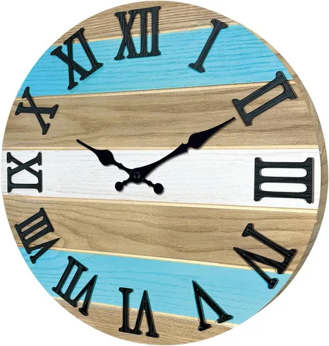 Vista 7 de Reloj de pared de madera maciza azul para sala de estar, estilo granja, reloj de pared redondo de 12 pulgadas, funciona con pilas, silencioso Wall