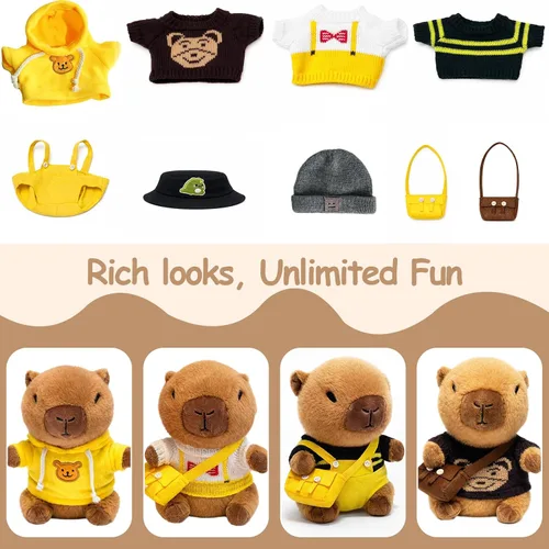 Vista 2 de Capybara - Peluche de Capybara con 9 prendas y accesorios, súper suave, para niños y niñas de 10.2 pulgadas (Capybara negro)