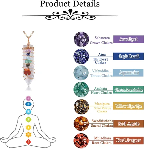 Vista 7 de GEHECRST Collar con colgante de punto de cuarzo transparente natural reiki de 7 chakras, piedras preciosas de cristal curativo de oro rosa, alambre