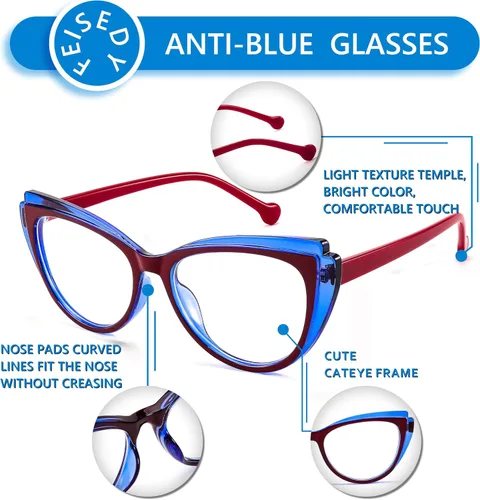 Vista 4 de FEISEDY Gafas de bloqueo de luz azul ojo de gato falso nerd transparente gafas de computadora TR marco de moda B0040