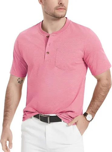 Vista 3 de MAGCOMSEN Camisas Henley de manga corta para hombre, de algodón, con botones, con bolsillo, casual, solapa frontal, ajuste regular, camisas diarias