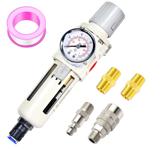 Vista 12 de TAILONZ PNEUMATIC Regulador de presión de filtro de aire de drenaje automático NPT de 1/2 pulgada Combo Piggyback, filtro compresor de herramienta