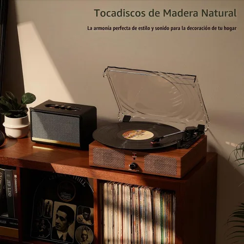 Vista 7 de Tocadiscos de vinilo con receptor Bluetooth integrado y 2 altavoces estéreo, 3 velocidades y 3 tamaños, tocadiscos retro portátil para Amarillo