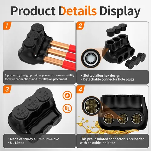 Vista 3 de Joinfworld Conector multigrifo aislado de 3 puertos 1/0-14AWG de aluminio a cobre, conectores de aluminio de entrada de un solo lado con hexagonal