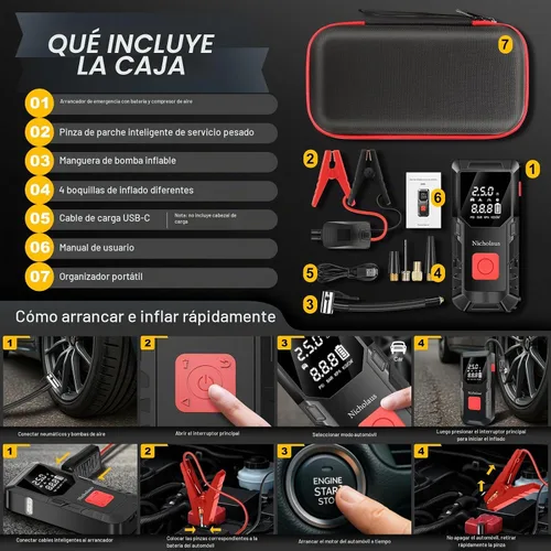 Vista 5 de Arrancador de batería de coche de 12 V, 8000 mAh, 2800 A con compresor de aire de 150 PSI, edición compacta y práctica QB08L, caja de arranque
