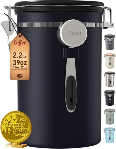 Vista 17 de Veken - Recipiente hermético para café de acero inoxidable, contenedor de almacenamiento de alimentos para la cocina con registro de fecha y cuchara