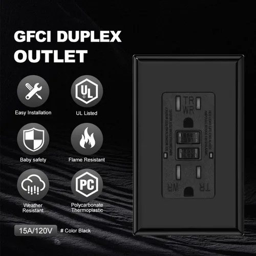 Vista 2 de Micmi Toma GFCI WR negra resistente a la intemperie, resistente a manipulaciones, receptáculo TR con indicador LED, placa de pared sin tornillos