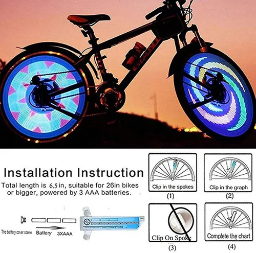 Vista 4 de Luz de rueda de bicicleta, luces de rueda de neumáticos de bicicleta, 32 luces LED de flash con radios, 32 patrones diferentes, cambio de luces