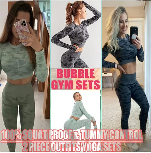Vista 2 de RIOJOY Conjunto de 2 piezas de yoga para mujer, sin costuras, manga larga, con agujeros para el pulgar, yoga, gimnasio, compresión, camisetas