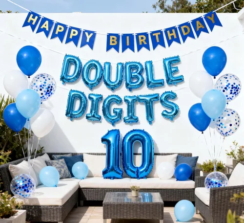 Vista 9 de Decoraciones de cumpleaños número 10 para niños, decoración negra de papel de aluminio de doble dígito, pancarta negra número 10 con globos