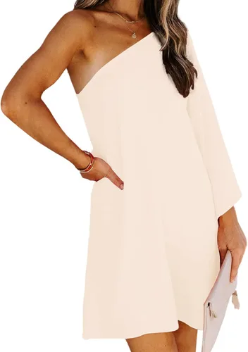 Vista 3 de LYANER Mini vestido de playa con un hombro para mujer, manga murciélago, dobladillo asimétrico