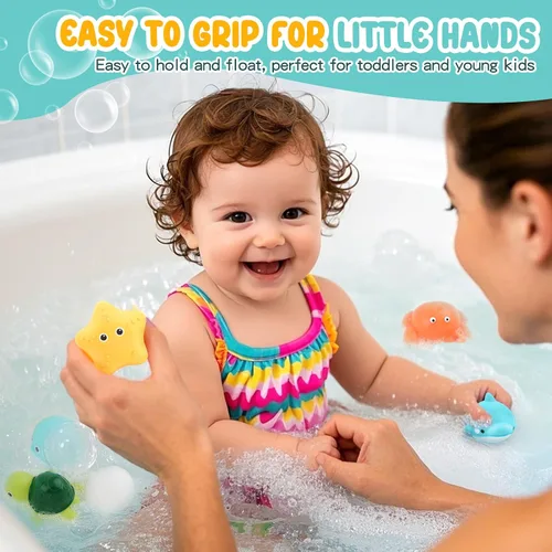 Vista 4 de Juguetes de baño, paquete de 6 juguetes de bañera para bebé, sin agujeros, suaves, apretables y flotan en el agua, juguetes de baño de fácil agarre