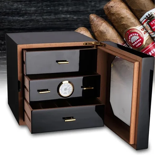 Vista 7 de Humidor de cigarros higrómetro montado en la parte delantera Caja de almacenamiento y humidificador forrado de cedro, acabado de revestimiento negro
