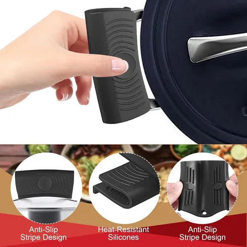 Vista 6 de Paquete de 4 soportes de silicona para mango de sartén caliente y soportes para ollas, resistentes al calor, protectores de agarradera de hierro