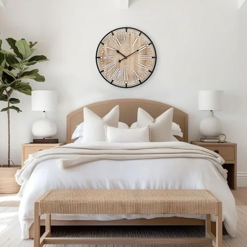 Vista 3 de Reloj de pared Grand Farmhouse de 20 pulgadas, diseño de madera y metal de inspiración vintage con grandes números grabados, reloj silencioso