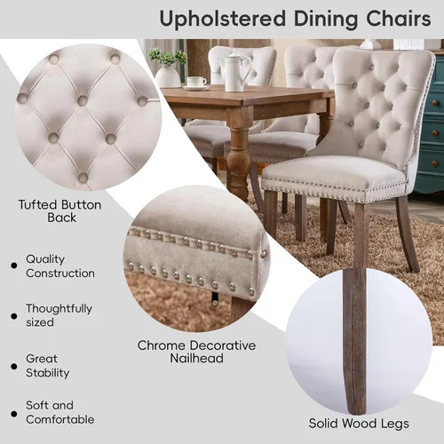 Vista 5 de Juego de 2 sillas de comedor de terciopelo beige, sillas de comedor tapizadas beige01