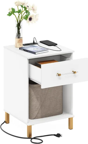 Vista 24 de Furinno Claude Mesa Auxiliar, Mesa Lateral de Mediados de Siglo con Estación de Carga, Mesita de Noche con Patas de Madera, Mesa de Cabecera