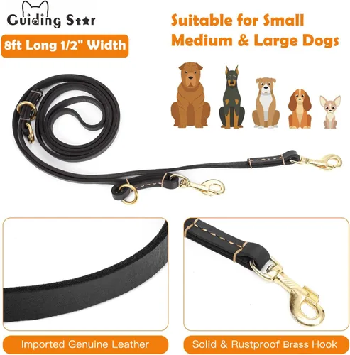Vista 2 de Guiding Star Correa de cuero para perro de 8 pies, correa de entrenamiento suave multifunción 6 en 1, manos libres, doble, cruzada para perros