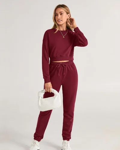 Vista 53 de BTFBM Conjunto deportivo de 2 piezas para mujer, camiseta corta de manga larga, sin botones, pantalón con cordón ajustable, pantalones deportivos