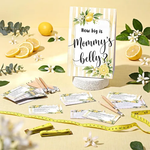 Vista 35 de Sabary 64 Piezas Juegos de Baby Shower Incluyen Letrero How Big is Mommy's Belly Sign Measure Bump Game 50 Tarjetas 10 Lápices 3 Cintas Métricas