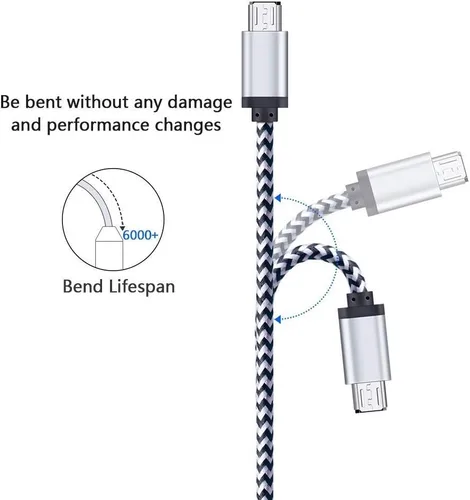 Vista 2 de Cable de carga micro USB, paquete de 5 cables micro USB de 6 pies, cable trenzado de carga rápida para Samsung Galaxy J3 J7 S6 S7 Edge, tableta, LG