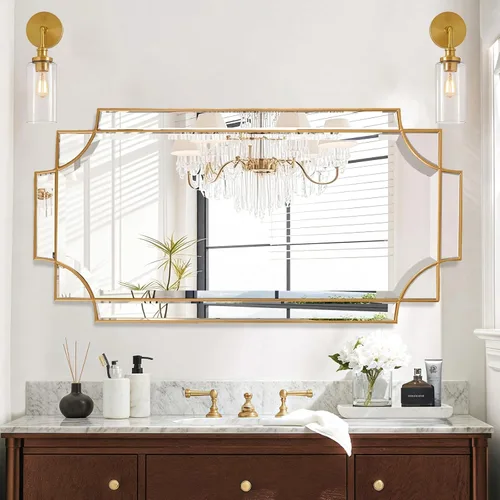 Vista 9 de Espejo de baño dorado para pared, espejo rectangular de tocador de 24 x 36 pulgadas, espejo decorativo moderno biselado pulido para entrada, sala