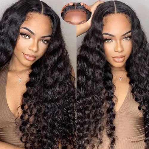 Vista 7 de Pelucas de cabello humano rizado con ondas profundas de 5 x 5 HD, sin pegamento, precortadas, con encaje frontal, para mujeres negras, color negro