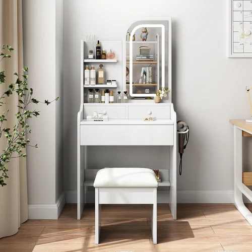 Vista 9 de Juego de Tocador Pequeño con Espejo Iluminado y Taburete, Juego de Mesa de Maquillaje Compacta con Luz - 3 Modelos de Colores, Mesa de Maquillaje
