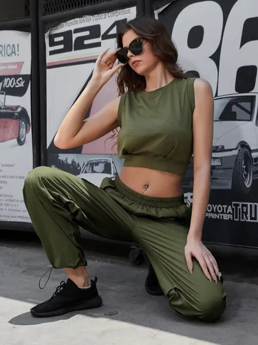 Vista 5 de udforsk Pantalones cargo de cintura alta para mujer, pantalones de paracaídas de pierna ancha para mujer con bolsillos, pantalones holgados Y2K