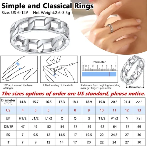 Vista 4 de Silvora Anillos de plata de ley 925, anillos de cadena para mujeres y hombres, anillo de eternidad vintage, anillo de joyería tamaño 6-12