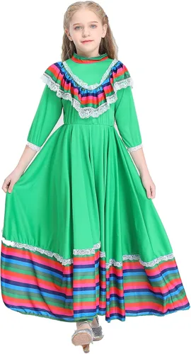 Vista 2 de BEDJIMI Vestido de fiesta mexicano del Cinco de Mayo para niñas disfraz de estilo nacional mexicano para fiestas eventos y celebraciones festivas