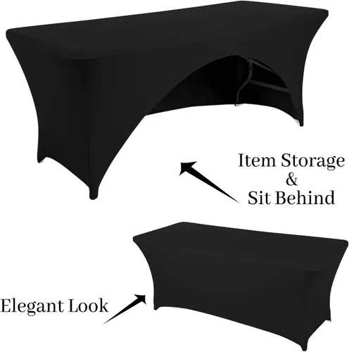 Vista 2 de Funda de mesa de poliéster ajustada de 4 pies con spandex, cubierta de mesa elástica, protector de mesa con parte trasera abierta - Negro